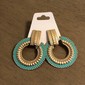 Gold Tone and Teal Circle Fashion Jewelry Earrings